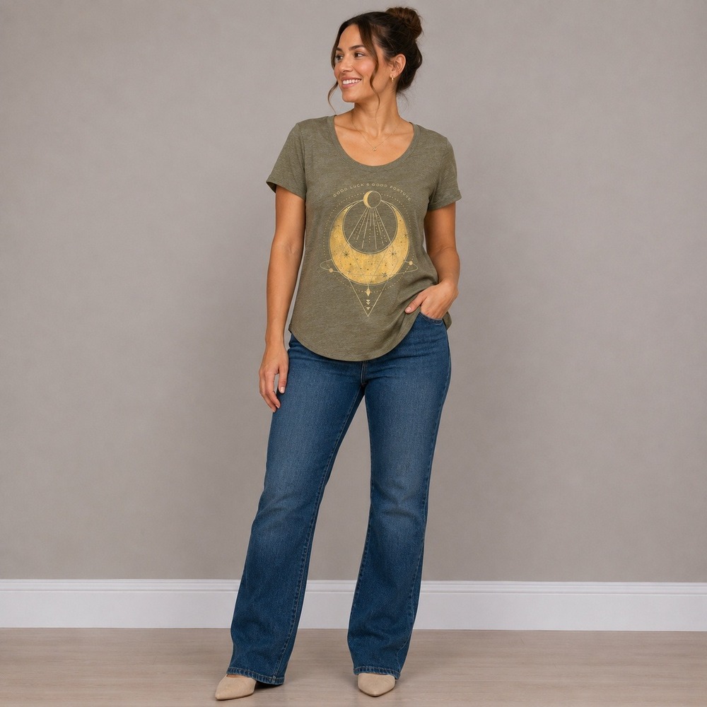 Lucky Brand Womens Good Luck Good Fortune Celestial Moon Graphic Tee Olive Large
